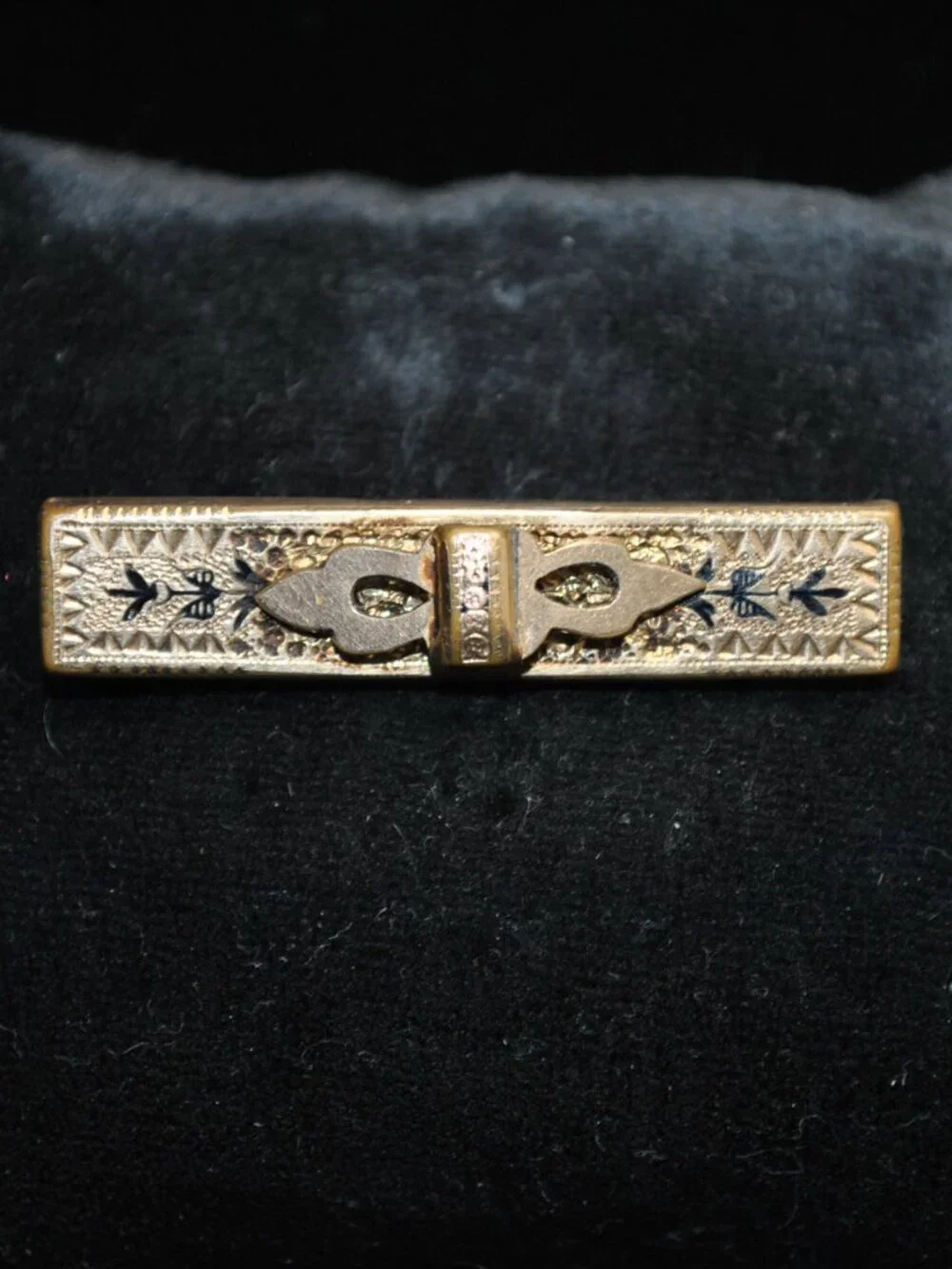 Antique Gold-filled Victorian Bar Brooch with Taille d'Epargne Black Enamel